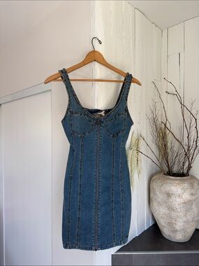 Guess Blue Denim Zip-Front Dress with Stud Trim